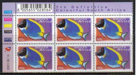 RSA 2001 7TH DEFINITIVE 60c FISHES MNH CONTROL BLOCK 7176-7179 OF 6 DATED 2001/06/14