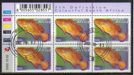 RSA 2002 7TH DEFINITIVE 50c FISHES USED (CTO) CONTROL BLOCK 7456-7459 OF 6 DATED 2002/10/02