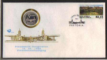 RSA 1994 PRESIDENTIAL INAUGURATION MANDELA FDC 6.3c WITH PROOF COIN FULL STEPS AS ISSUED