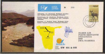 AVIATION 1982 NAMIB AIR SIGNED FLIGHT COVER # 14 - WINDHOEK - GROOTFONTEIN - TSUMEB - ONDANGUA