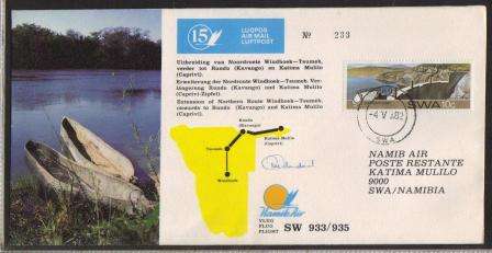 AVIATION 1982 NAMIB AIR SIGNED FLIGHT COVER # 15 - WINDHOEK - TSUMEB - RUNDU - KATIMA MULILO