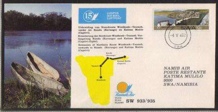 AVIATION 1982 NAMIB AIR FLIGHT COVER # 15 - WINDHOEK - TSUMEB - RUNDU - KATIMA MULILO - REAR D/S A