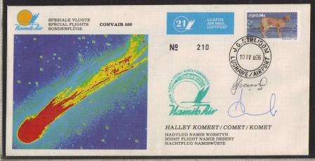AVIATION 1986 NAMIB AIR FLIGHT COVER # 21 - HALLEY COMET NIGHT FLIGHT - SIGNED BY 2