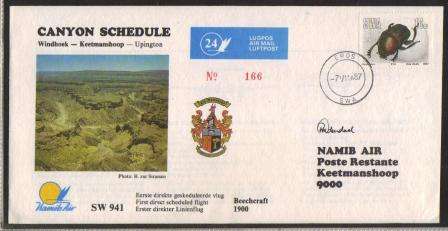 AVIATION 1987 NAMIB AIR FLIGHT COVER #24 - WINDHOEK-KEETMANSHOOP-UPINGTON SIGNED