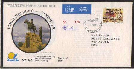 AVIATION 1987 NAMIB AIR SIGNED FLIGHT COVER # 27 JOHANNESBURG - WINDHOEK