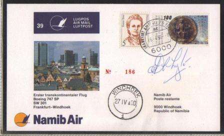 AVIATION 1990 NAMIB AIR SIGNED FLIGHT CARD #39 - FRANKFURT - WINDHOEK