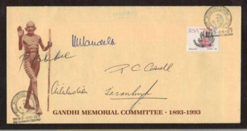 RSA 1993 GANDHI MEMORIAL COM COVER SIGNED BY NELSON MANDELA AND OTHERS WITH CERT - POSSIBLY UNIQUE