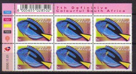 RSA 2000 7TH DEFINITIVE 5c FISHES MNH CONTROL BLOCK 7000-7003 OF 6 DATED 2000/11/01