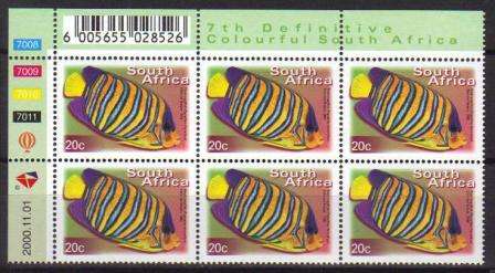 RSA 2000 7TH DEFINITIVE 20c FISHES MNH CONTROL BLOCK 7008-7011 OF 6 DATED 2000/11/01