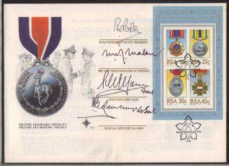 RSA 1984 MILITARY DECORATIONS FDC S12 SIGNED BY STATE PRESIDENT/MIN OF DEFENCE/CHIEF SADF/CHIEF ARMY
