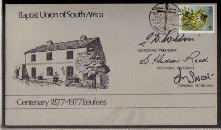 RSA 1977 BAPTIST UNION CENTENARY COM COVER SIGNED OUTGOING PRESIDENT INCOMING PRESIDENT GEN SECR