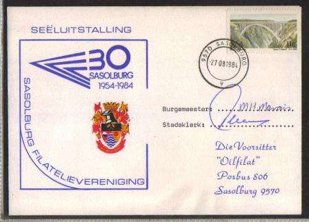 RSA 1984 SASOLBURG FILATELIEVERENIGING COM COVER SIGNED MAYOR AND TOWN CLERK