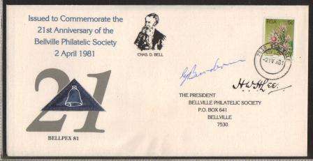 RSA 1981 21ST ANNIV BELLVILLE PHILATELIC SOCIETY COM COVER SIGNED BY 2