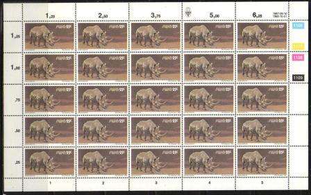 SWA 1987 3RD DECIMAL DEFINITIVE 25c RHINO MNH FULL SHEET REPRINT 1106/1109