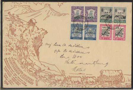 SWA 1938 TREK COM COVER WITH VOORTREKKER MEMORIAL FUND STAMPS WITH VARIETIES CXD WINDHOEK 18/10/38