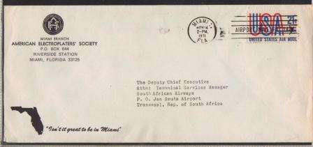 AVIATION 1971 USA AIRMAIL COVER ADDRESSED TO SAA FROM AMERICAN ELECTROPLATERS SOCIETY