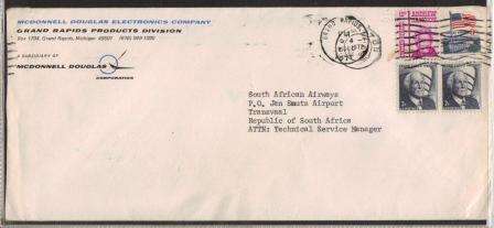 AVIATION 1971 USA AIRMAIL COVER ADDRESSED TO SAA FROM MCDONNELL DOUGLAS