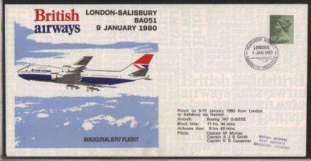 AVIATION 1980 GB FLIGHT COVER BRITISH AIRWAYS 1ST FLIGHT B747 LDN -SALISBURY (MACHIN STAMP)