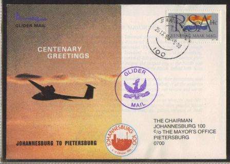 AVIATION - RSA FLIGHT COVER 1986 GLIDER MAIL JOHANNESBURG TO PIETERSBURG