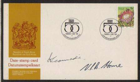 RSA 1980 50 YEARS ATKV DATE STAMP CARD SIGNED BY CONRADIE and HOME