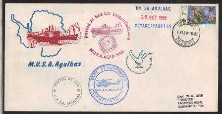 ANTARCTIC COM COVER - RSA 1989 MV SA AGULHAS VOYAGE 59 POSTED OFF TRISTAN DA CUNHA 25/10/1989