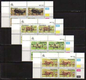 TRANSKEI 1987 DOMESTIC ANIMALS SET OF 4 MNH CONTROL BLOCKS OF 4
