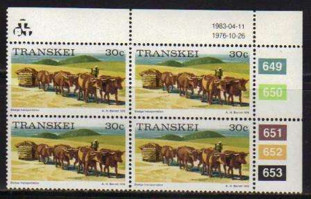 TRANSKEI 1976 1ST DEFINITIVE 30c MNH CONTROL BLOCK OF 4 649/653 DATED 11/4/83