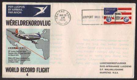 SA AIRWAYS (SAA) FLIGHT COVER # 4 WORLD RECORD FLIGHT SEATTLE TO CAPE TOWN WITH MARGIN ON STAMP