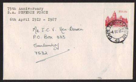 MILITARY COM COVER 1987 - 75TH ANNIV SOUTH AFRICAN DEFENCE FORCE