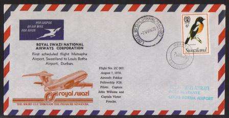 AVIATION 1978 ROYAL SWAZI AIRWAYS FLIGHT COVER FIRST FLIGHT MATSAPHA - LOUIS BOTHA