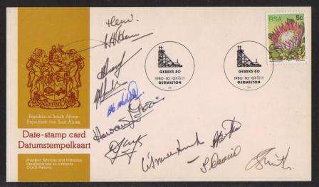 RSA 1980 Gebeks 80 Germiston date stamp card signed by 11 incl DJ Uys