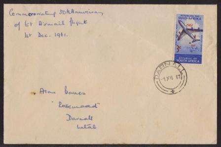 RSA 1961 50TH ANNIV 1ST SA AERIAL POST PRIVATE FDC CXD DARNALL 1/12/61