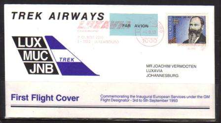 AVIATION - FLITESTAR FIRST FLIGHT COVER # 48 LUX/JNB 3-5/9/1993 - SELDOM OFFERED