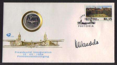 RSA 1994 PRESIDENTIAL INAUGURATION OFFICIAL FDC 6.3c AUTOPEN SIGNED NELSON MANDELA WITH PROOF COIN