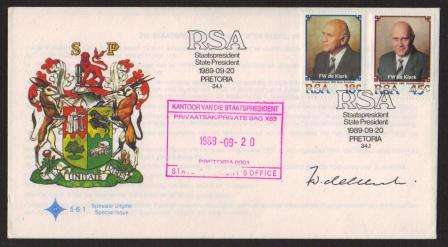 RSA 1989 STATE PRESIDENT FW DE KLERK FDC 5.6.1 SIGNED BY HIM WITH CACHE