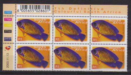 RSA 2003 7TH DEFINITIVE R1 FISHES MNH CONTROL BLOCK 7707-7710 OF 6 DATED 2003/11/13