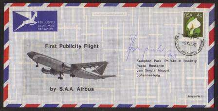 AVIATION 1976 KEMPAIR FLIGHT COVER  #39 - 1ST PUBLICITY FLIGHT SAA AIRBUS SIGNED BY CAPTAIN