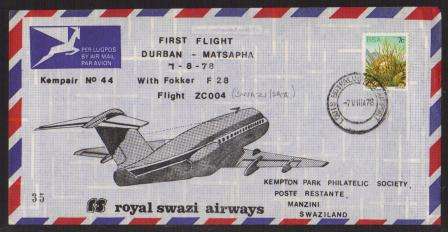 AVIATION 1978 KEMPAIR FLIGHT COVER #44 - 1ST FLIGHT SWAZI AIRWAYS DURBAN-MATSAPHA