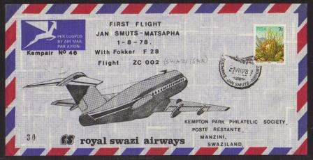 AVIATION 1978 KEMPAIR FLIGHT COVER #46 - 1ST FLIGHT SWAZI AIRWAYS JAN SMUTS-MATSAPHA