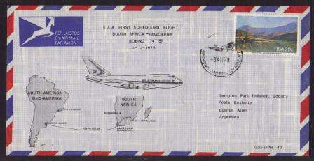 AVIATION 1978 KEMPAIR FLIGHT COVER #47 - SAA 1ST FLIGHT JAN SMUTS-ARGENTINA BOEING 747SP