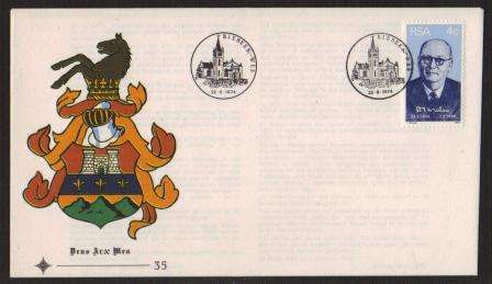 RSA 1974 DF MALAN UNADDRESSED OFFICIAL FDC 35 WITH SHIFT OF BLACK VARIETY RESULTING IN FULL OUTLINE