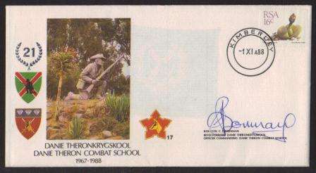 SA ARMY COM COVER # 17 - 21 YEARS DANIE THERON COMBAT SCHOOL - SIGNED IN BLUE INK