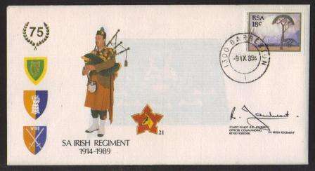SA ARMY COM COVER # 21 - 75 YEARS SA IRISH REGIMENT - SIGNED IN BLACK