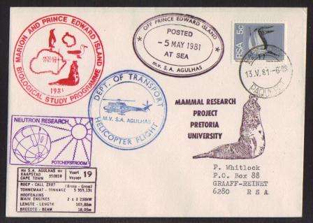 ANTARCTIC COM COVER - 1981 MV SA AGULHAS VOYAGE 19 POSTED OFF PRINCE EDWARD ISLAND 5/5/81