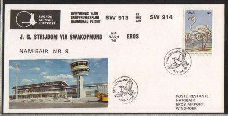 AVIATION 1979 NAMIB AIR FLIGHT CARD #9 INAUGURAL FLIGHT JG STRIJDOM-SWAKOPMUND-EROS - DS SWAKOPMUND