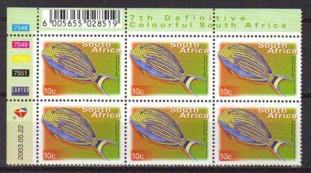RSA 2003 7TH DEFINITIVE 10c FISHES MNH CONTROL BLOCK 7548 OF 6 DATED 2003/05/22