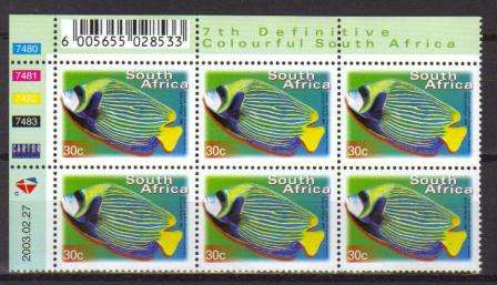 RSA 2003 7TH DEFINITIVE 30c FISHES MNH CONTROL BLOCK 7480 OF 6 DATED 2003/02/27