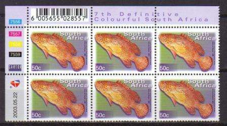 RSA 2003 7TH DEFINITIVE 50c FISHES MNH CONTROL BLOCK 7556 OF 6 DATED 2003/05/22