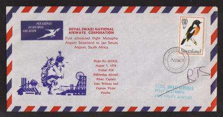 AVIATION 1978 ROYAL SWAZI AIRWAYS FIRST FLIGHT COVER MATSAPHA - JAN SMUTS