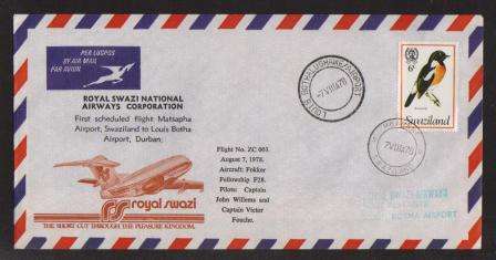 AVIATION 1978 ROYAL SWAZI AIRWAYS FIRST FLIGHT COVER MATSAPHA - LOUIS BOTHA